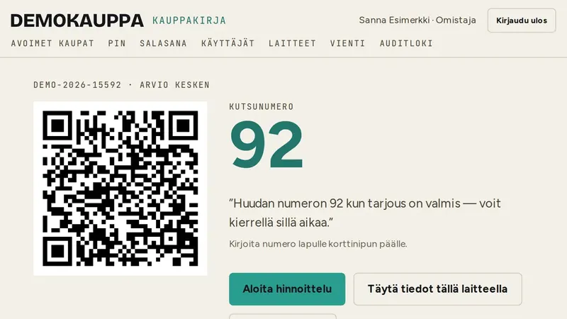 Kauppaholvin tiskinäkymä: asiakkaalle näytettävä QR-koodi ja kutsunumero 92.