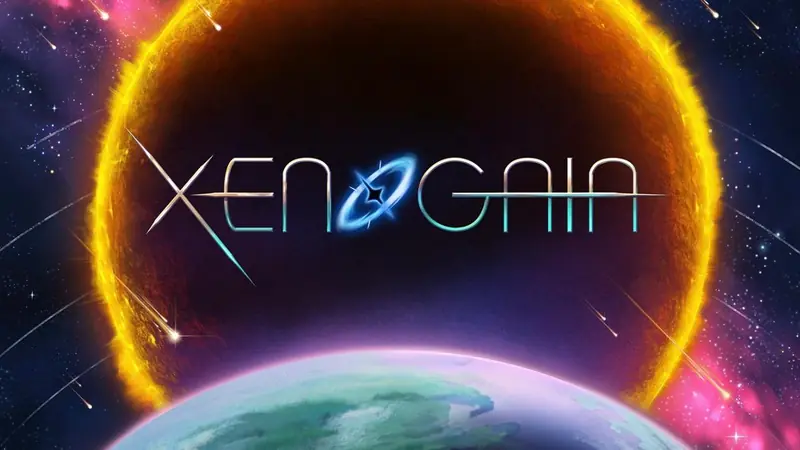 Xenogaian logo avaruusmaisemassa: hehkuvan kultaisen auringon edessä pelin nimi ja sen alla sinivihreä planeetta.